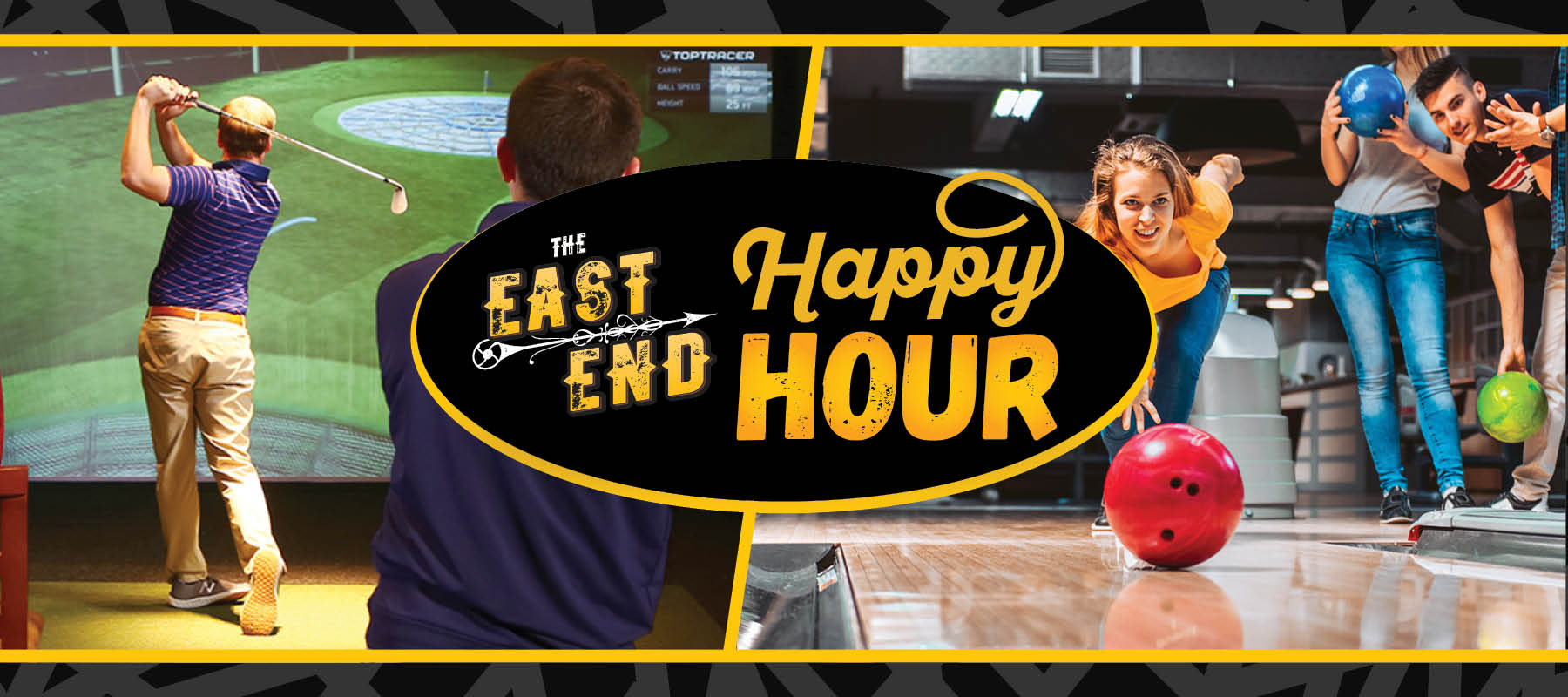 The East End Happy Hour with guests swinging at Topgolf at bowling at the lanes