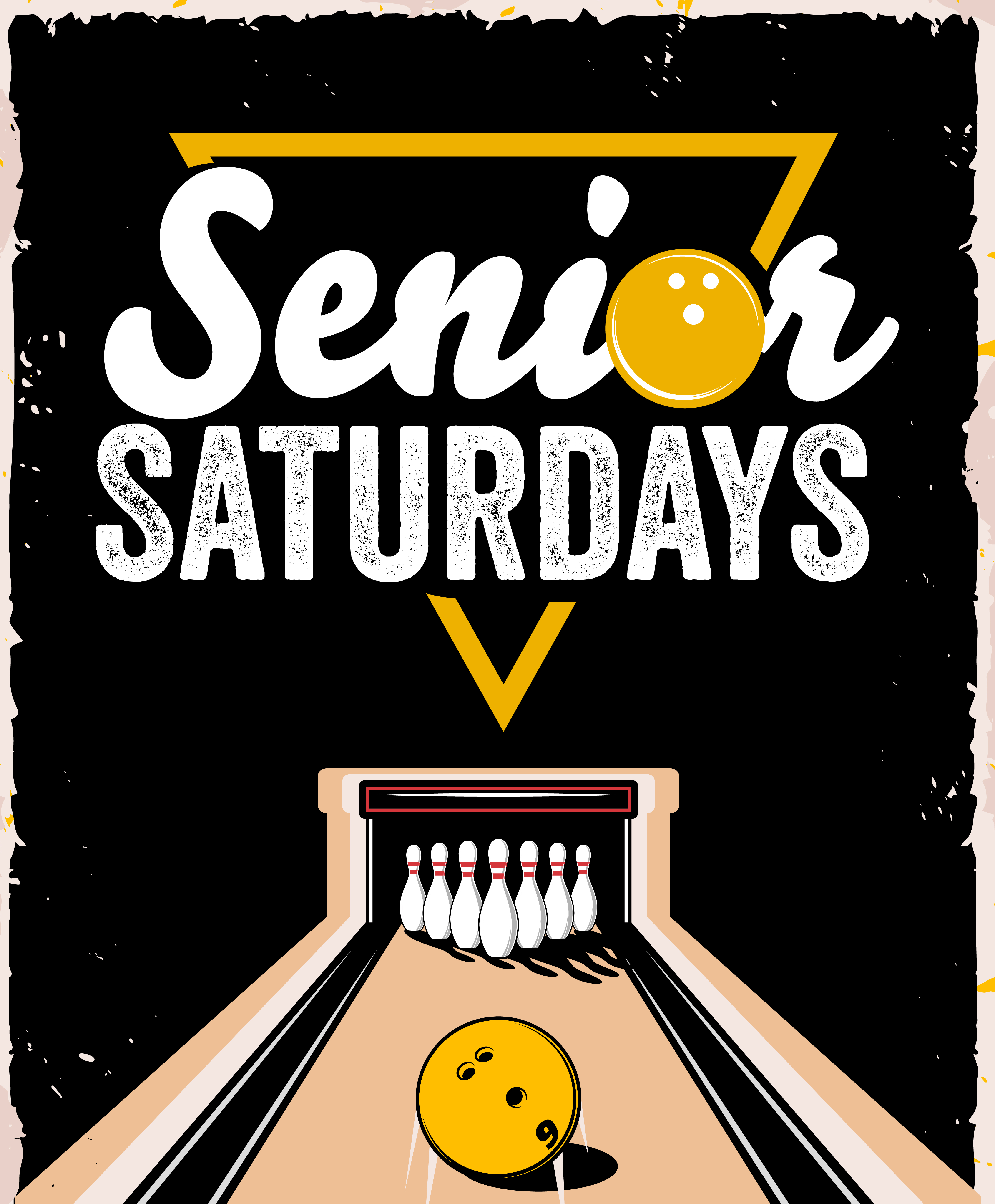 Senior Saturdays; bowling lane with pins